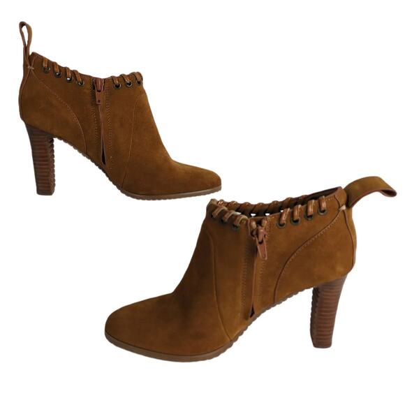 See by Chloe Women's 8.5 Tan Suede Leather Heeled Ankle Booties Boot Braided Rim - Picture 3 of 9